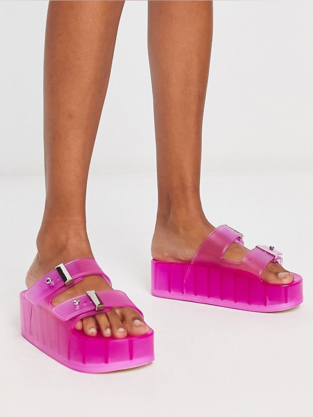 ASOS Hot Pink Jelly Translucent Platform Silver Buckle Open Sandals US Size 10